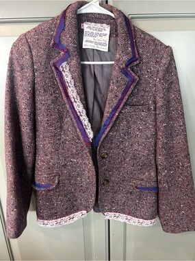 Armour Sans Anguish Vintage Tweed distressed Blazer Plum with Lace Trim size 8